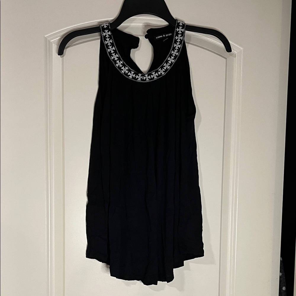 Cable & Gauge Black Sleeveless Top with White Embroidery